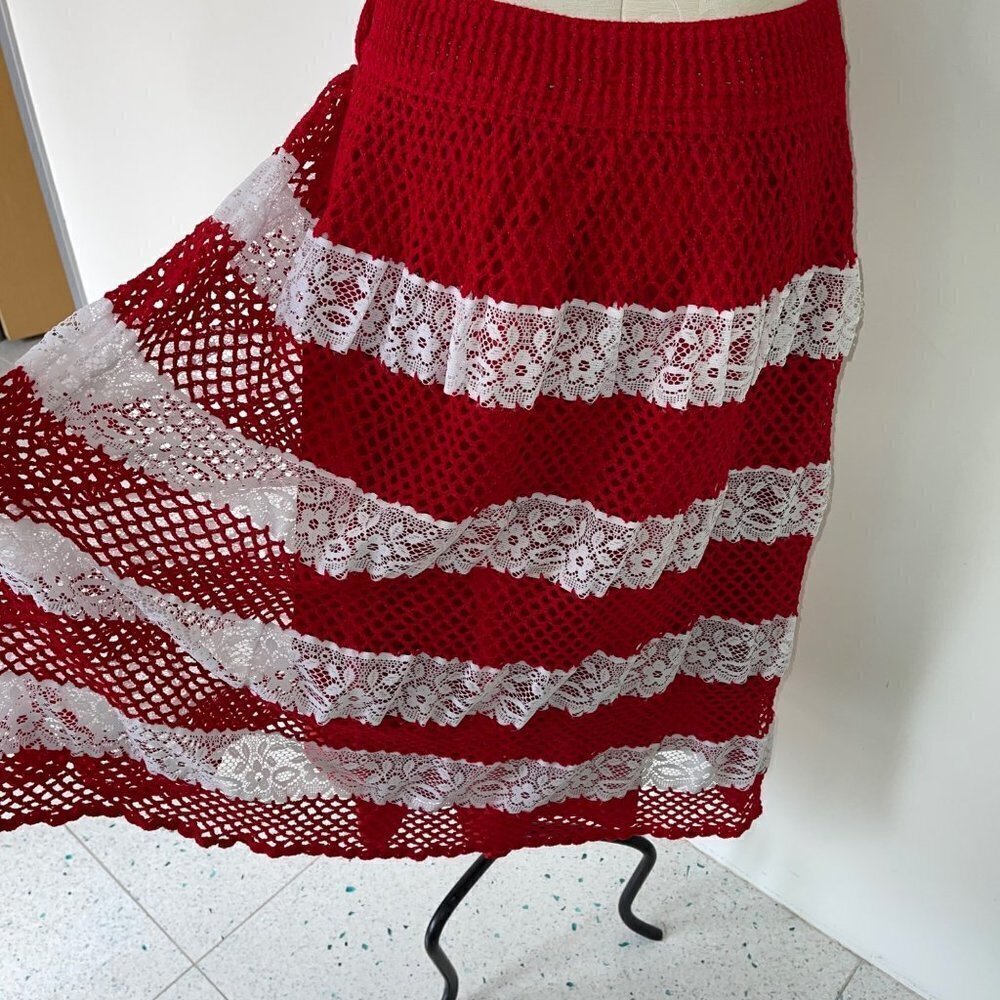 Vintage Womens Crochet Lace Skirt Size Large Fully Lined Red White Midi Button - Picture 6 of 13